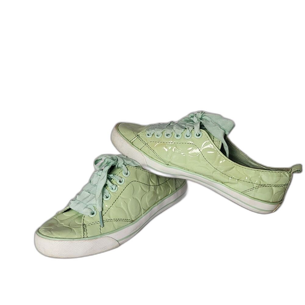 Coach Suzzy Women Sz 7 Patent Mint Green Monogram Sneakers Low Top Ribbon Laces